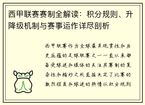 西甲联赛赛制全解读：积分规则、升降级机制与赛事运作详尽剖析