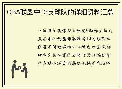 CBA联盟中13支球队的详细资料汇总