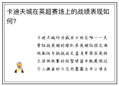 卡迪夫城在英超赛场上的战绩表现如何？